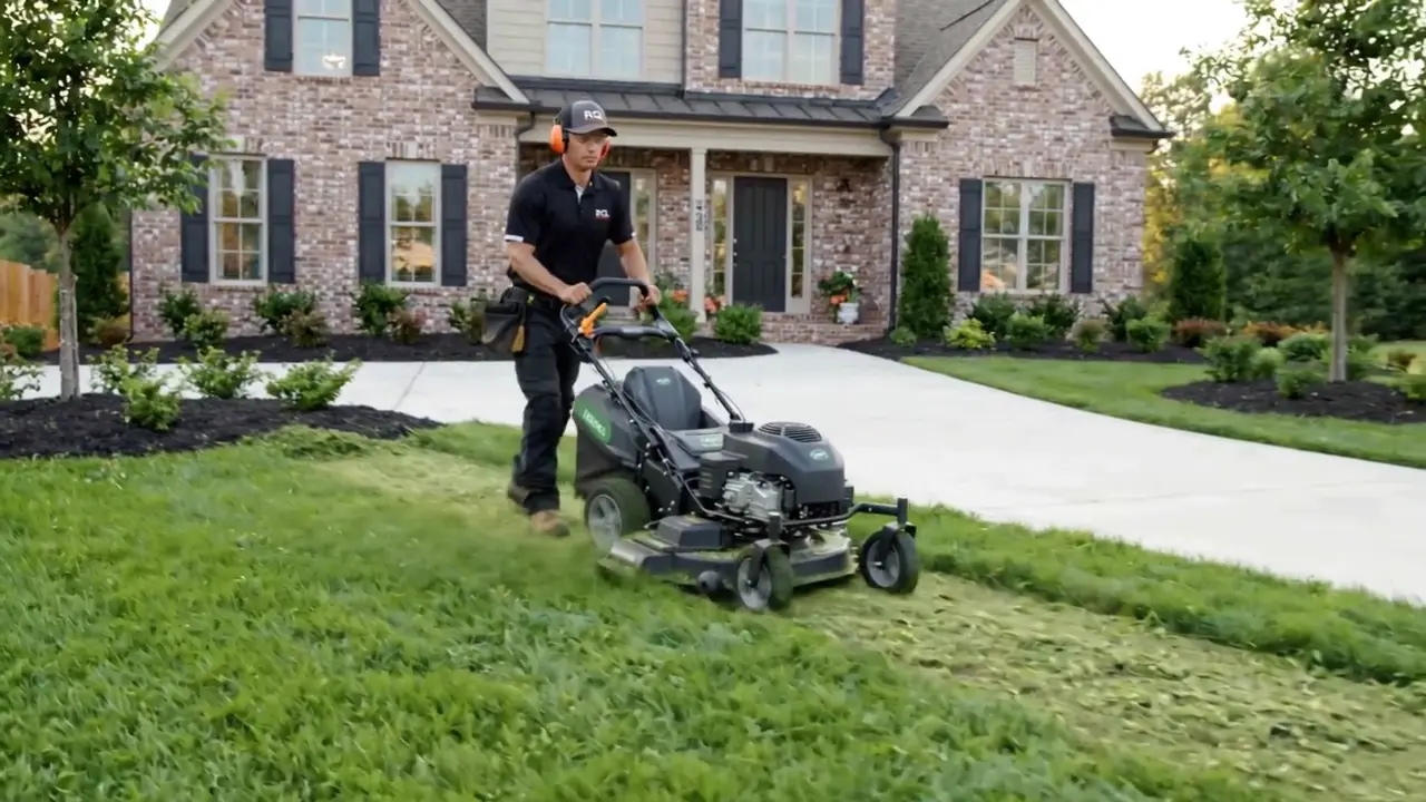 RGL worker maintaining a lawn in company uniform