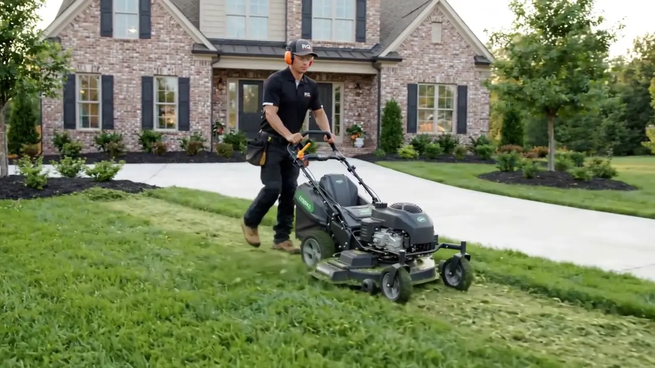 RGL worker mowing a lawn in company uniform
