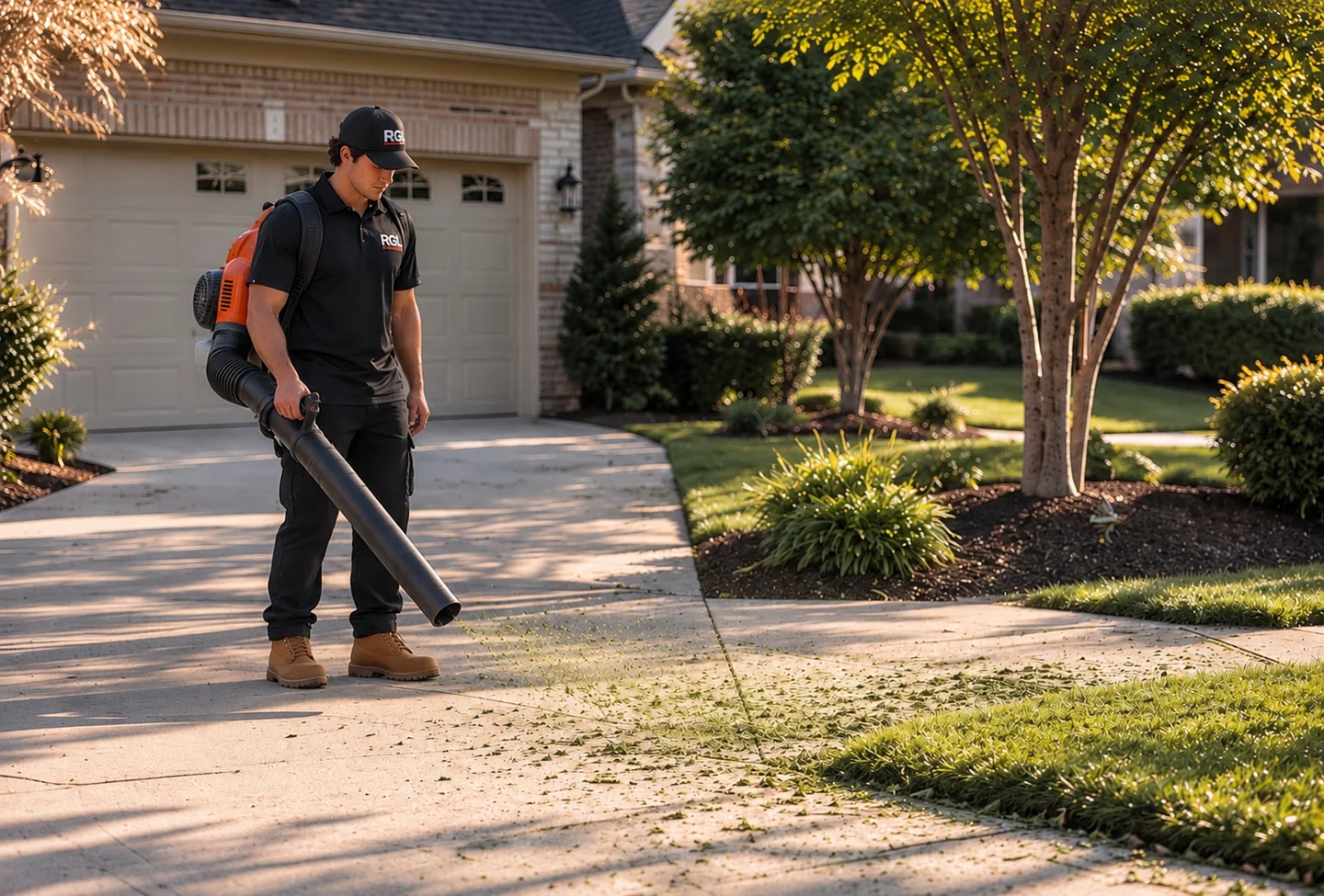 RGL worker clearing lawn clippings from a residential driveway