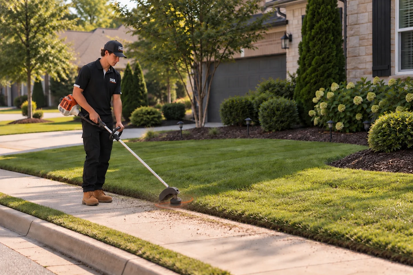 RGL worker trimming grass along a sidewalk