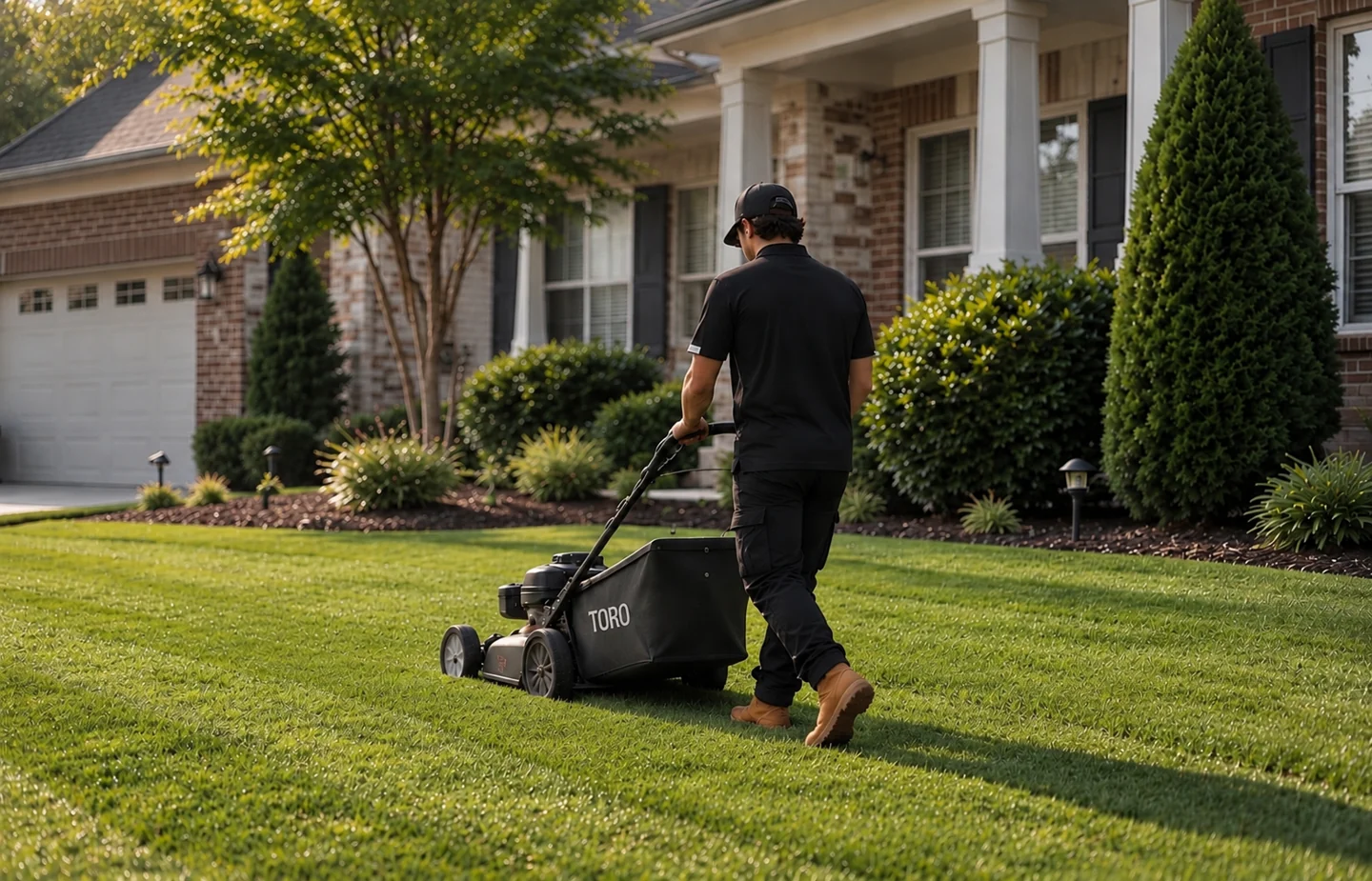 RGL worker mowing a green residential lawn